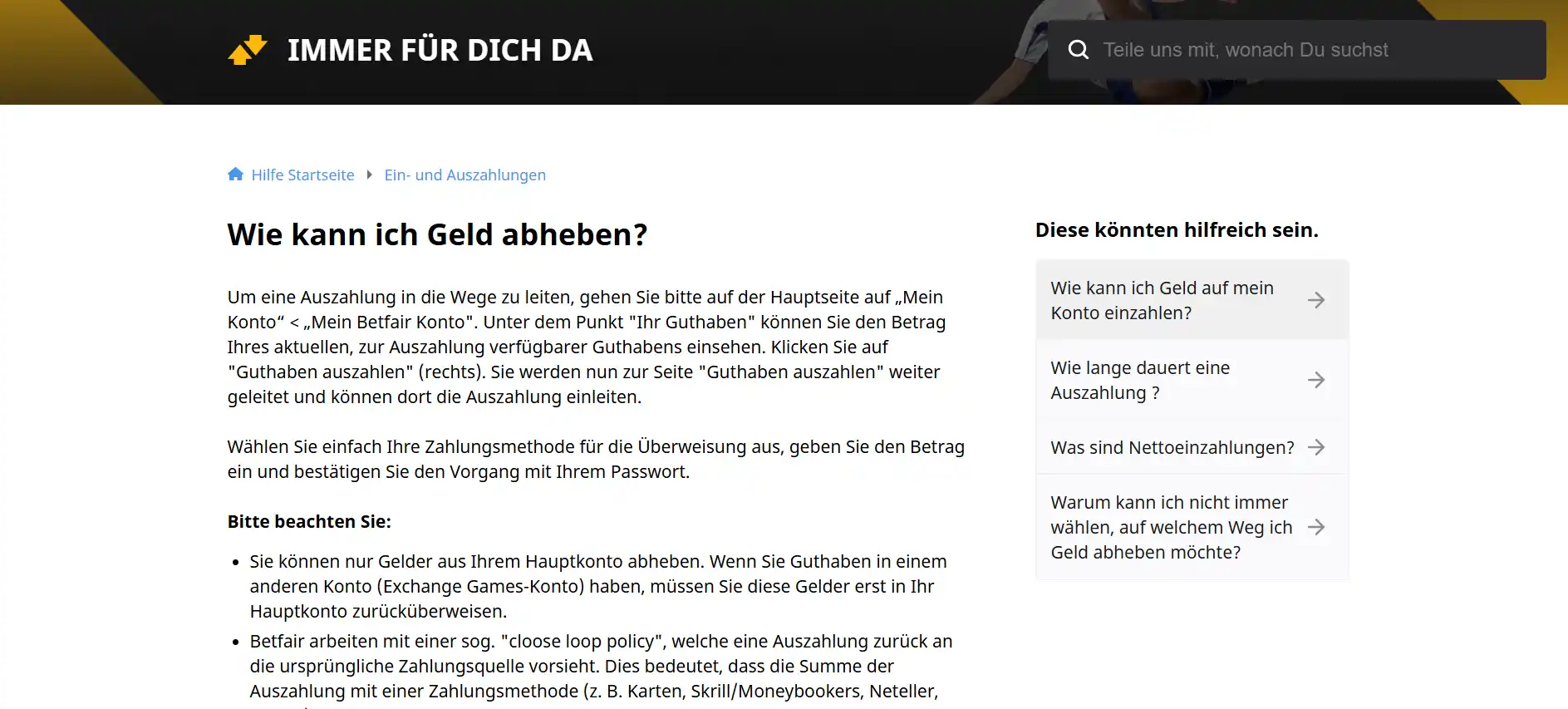 Betfair-Hilfeartikel zu Zahlungswegen und Auszahlungen