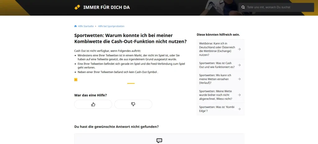 Betfair-Hilfebereich mit Erläuterungen zur vorzeitigen Wettabrechnung bei Kombiwetten