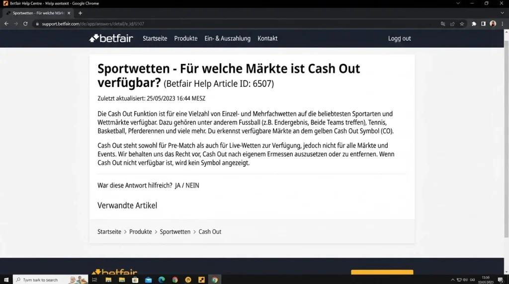 Betfair-Hilfeartikel zur vorzeitigen Wettabrechnung bei Sportwetten