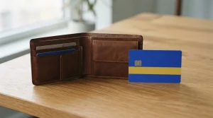 Leder-Geldbörse und Bankkarte auf einem Holztisch