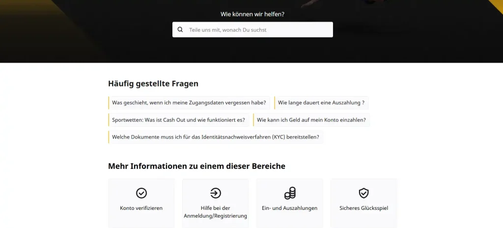 Betfair-Hilfezentrum mit Themennavigation und Nachrichtendienst