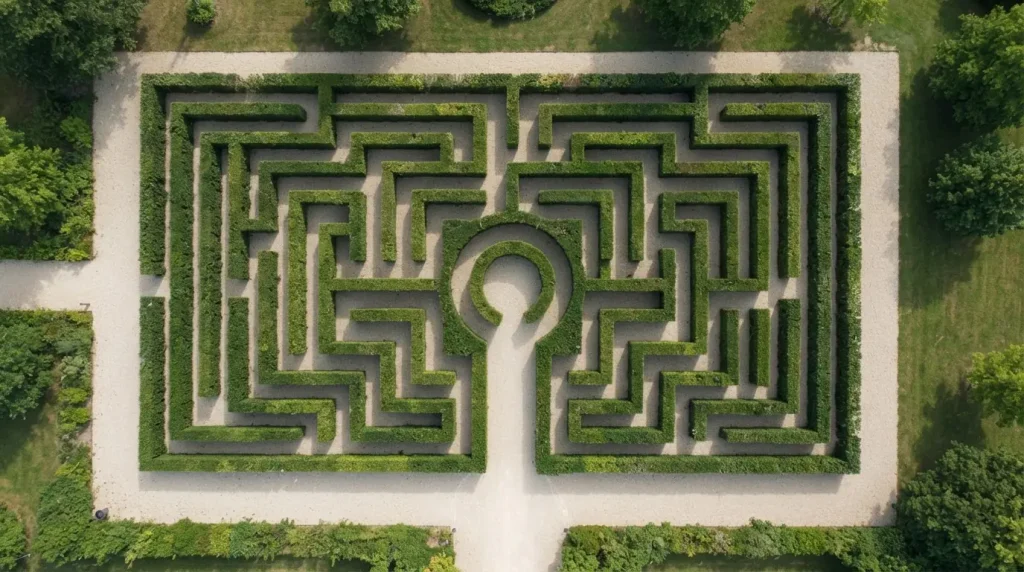 Labyrinth aus niedrigen Hecken mit klar sichtbarem Weg zum Ausgang