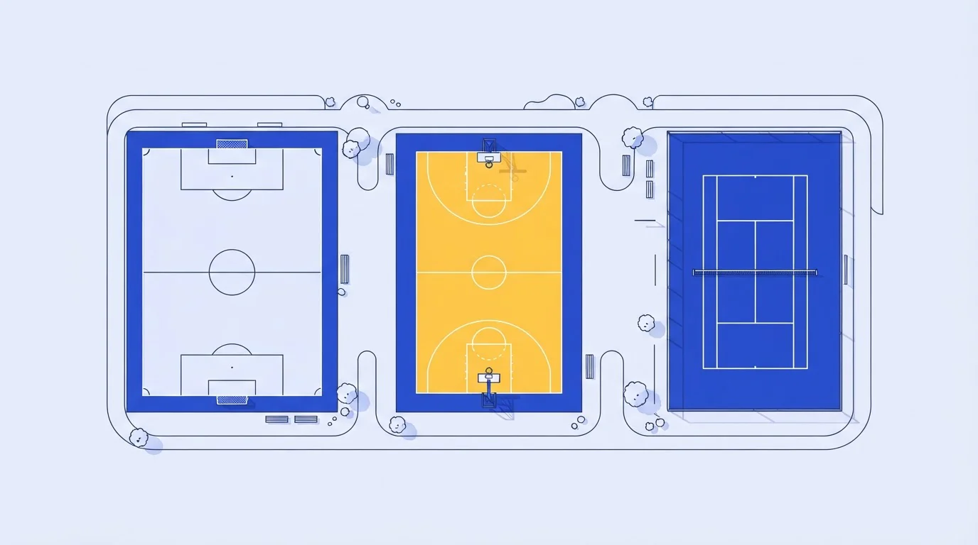 Fußballplatz, Basketballfeld und Tennisplatz aus der Vogelperspektive